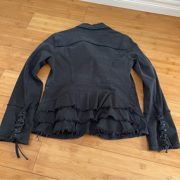 Free People Black Distressed Fitted Jacket with Ruffle Back & Lace-up Cuffs - Picture 7 of 15
